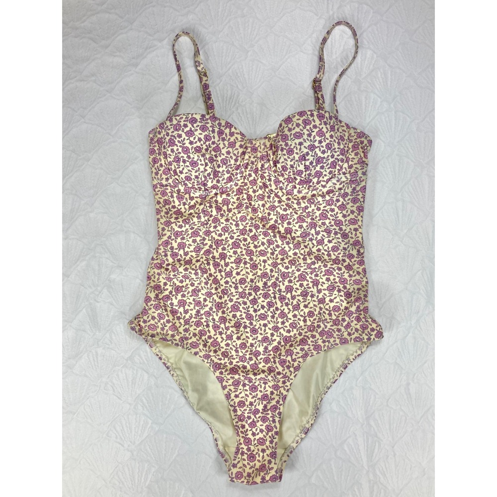 Tory Burch Floral Underwire One Piece Swimsuit Womens Small Purple Cream Beach